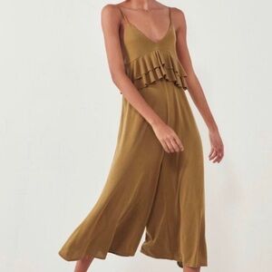 Silence + Noise Callista Cupro Ruffle Jumpsuit, Olive, Size M